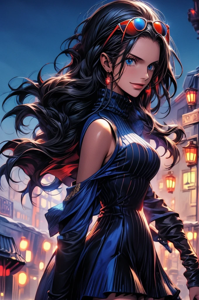 masterpiece, best quality, highres, nico robin, long hair, black hair, hair slicked back, eyewear on head, blue eyes, sweater dress, turtleneck, smile, sleeveless, outdoors, standing, night