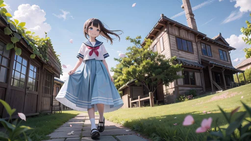 (masterpiece), town, blue sky, One Girl, smile, alone, Sailor suit、Long skirt, Overgrown, petal, plant、Skirt lining、Translucent slip、Nostalgic