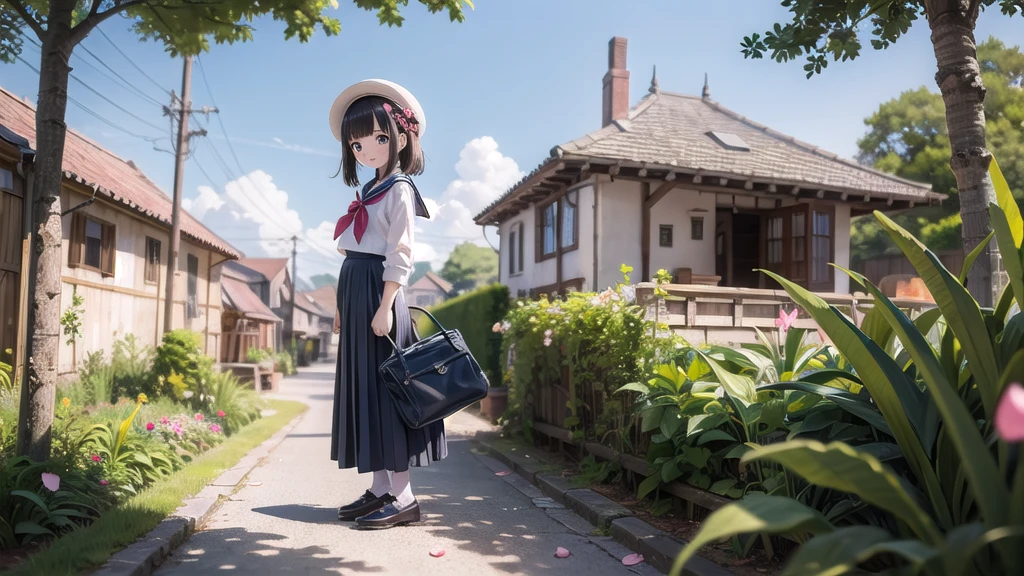 (masterpiece), town, blue sky, One Girl, smile, alone, Sailor suit、Long skirt, Overgrown, petal, plant、Skirt lining、Translucent slip、Nostalgic