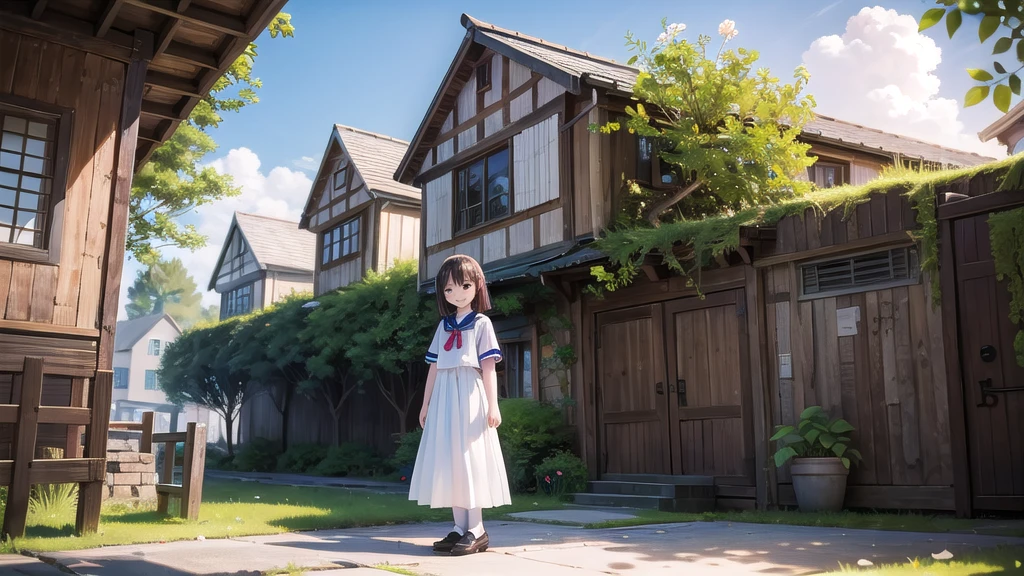 (masterpiece),  town,  blue sky,  One Girl,  smile,  alone,  Sailor suit、Long skirt,  Overgrown,  petal,  plant、Skirt lining、Translucent slip、Nostalgic