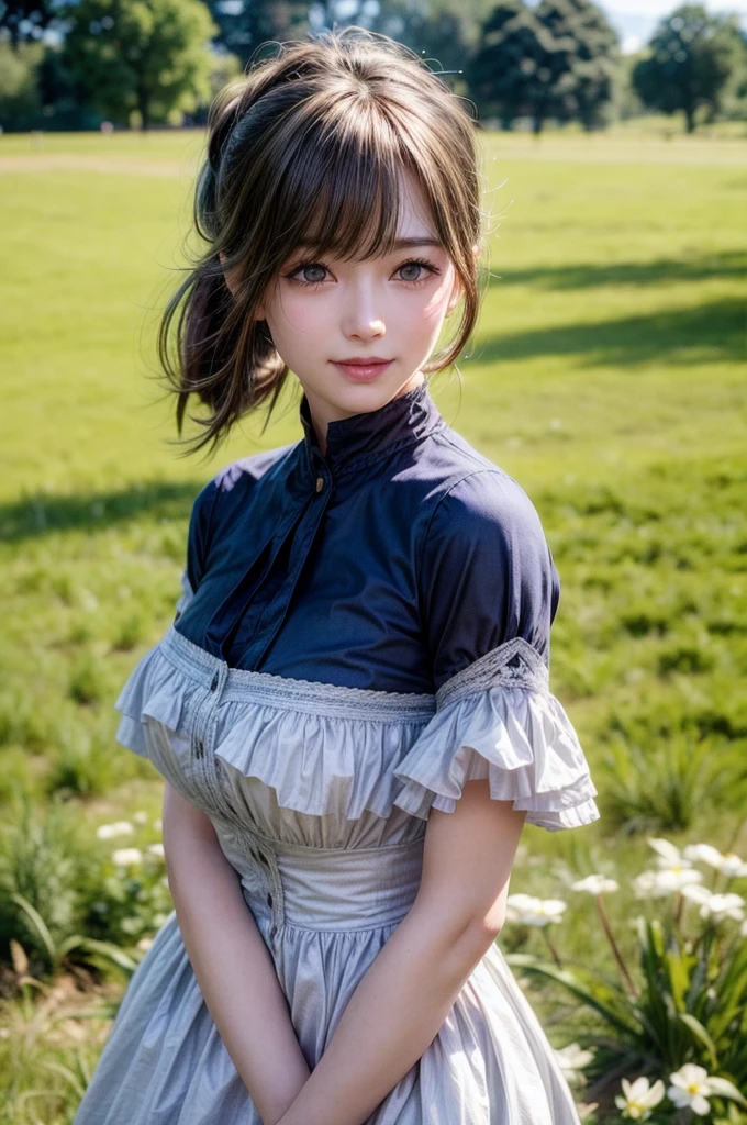 a victorian girl is standing on the meadow, from front, close up, high contrast, high brightness, background beautiful scenery nature, bokeh,cowboy shot,
best quality, highly detailed, masterpiece, absurdres,8k, photorealistic, realistic,detailed skin texture,detailed pupils,HDR,natural lighting,
1girl,solo,(happy:1.1),(smile:1.2),(angular face:1.2),shiny face,large breasts, narrow waist, lip makeup,