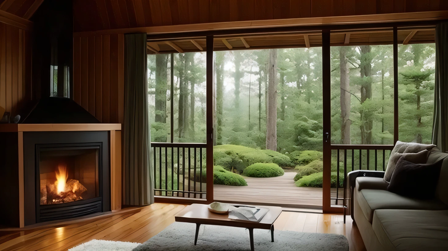 At the edge of the misty forest、Cozy living room with fireplace