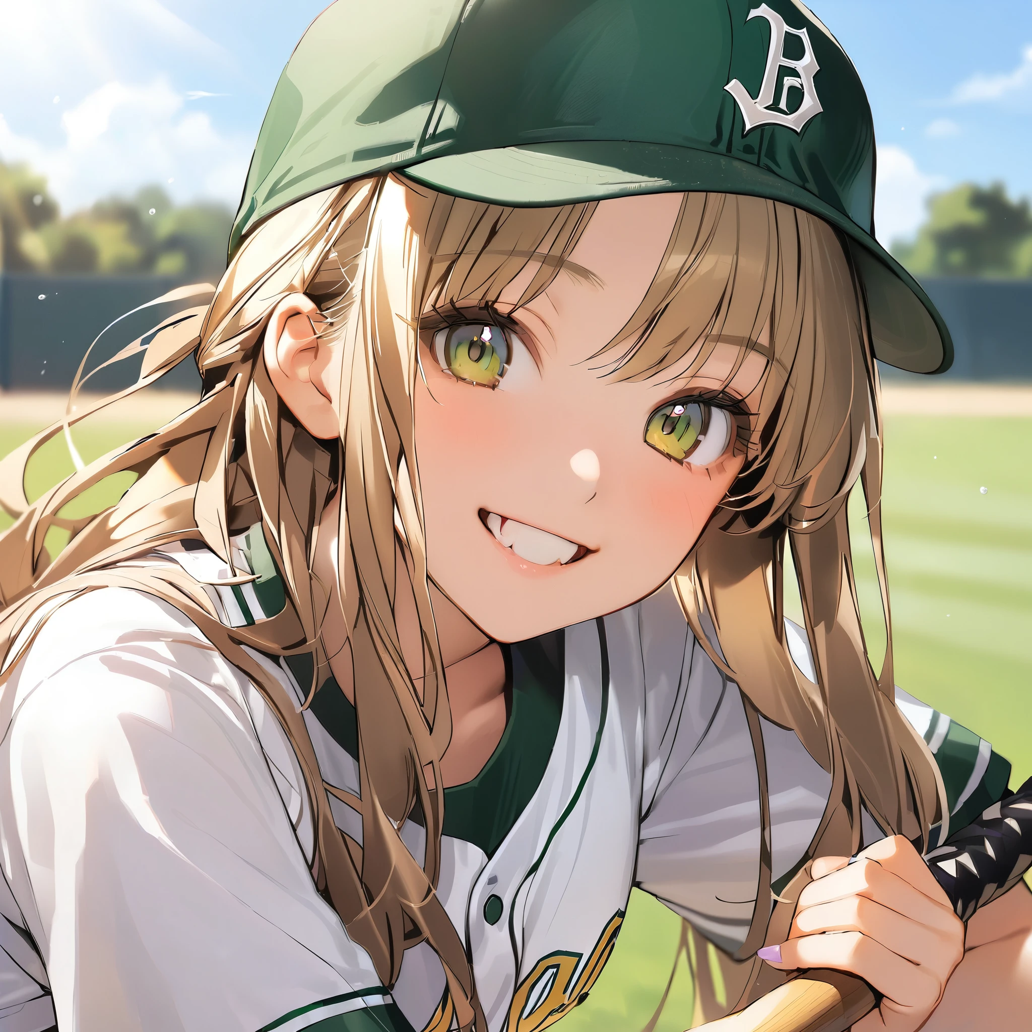 Holding the bat, girl, 16 years old, smile, , Baseball uniform、Yellow-green hat、Background School grounds