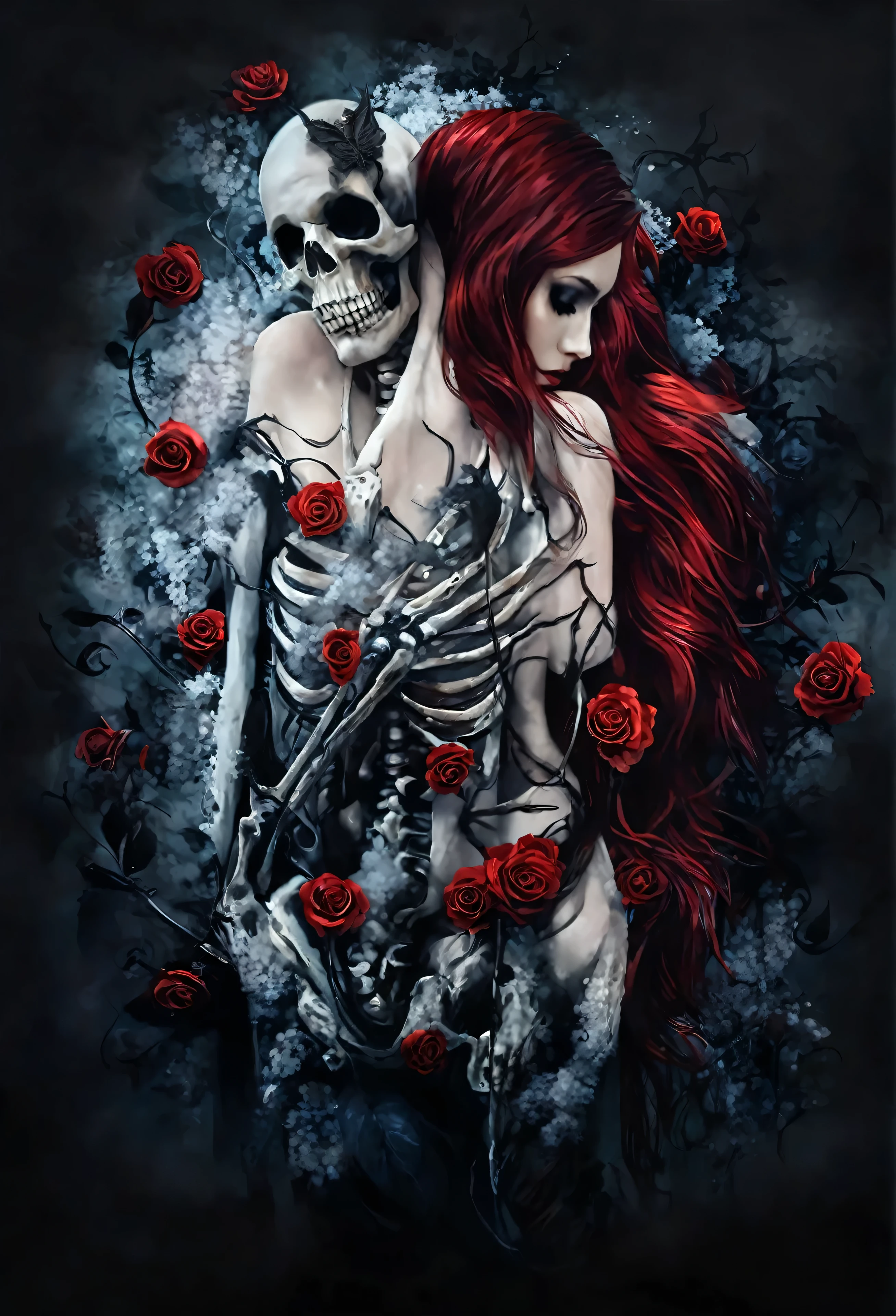 there is a woman with red hair and a skeleton , gothic art, gothic fantasy art, love and death, gothic romance, beautiful digital artwork, fantasy dark art, dark but detailed digital art, nude