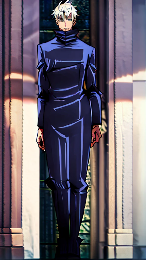 Silver-white hair, intense blue eyes, and wears a black Jujutsu uniform consisting of a high-collar jacket and pants. He is tall, slender, and carries a confident and imposing presence.