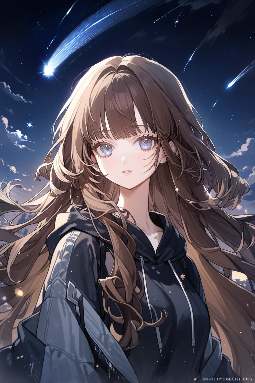 1 girl, CuteStyle, blue eyes, brown hair, long hair with bangs, upper body, flowing hair, dressed in a black hoodie and gray jeans, black fingerless gloves, looking at the viewer, calm gaze, sky, night sky, sky studded with stars, comets, dark, detailed, beautiful, delicate tones