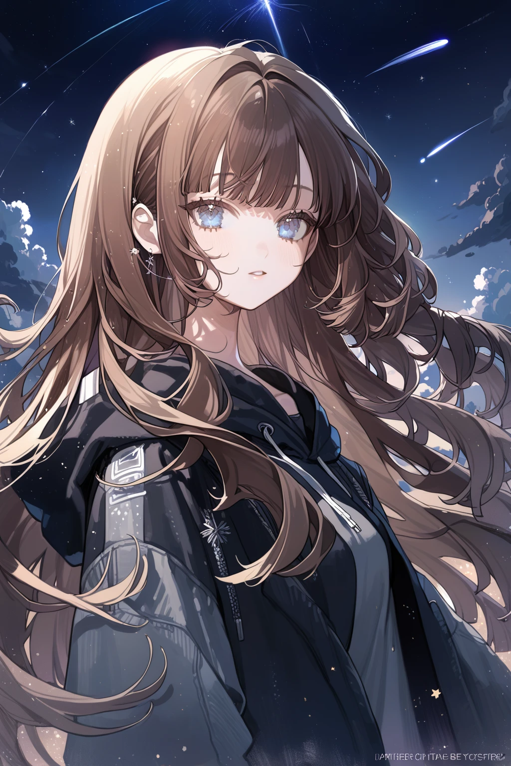 1 girl, CuteStyle, blue eyes, brown hair, long hair with bangs, upper body, flowing hair, dressed in a black hoodie and gray jeans, black fingerless gloves, looking at the viewer, calm gaze, sky, night sky, sky studded with stars, comets, dark, detailed, beautiful, delicate tones