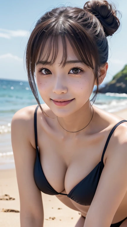 masterpiece, Highest quality, Photorealistic, Super detailed, In detail, High resolution, 8k wallpaper, Professional, High level of detail, One Girl, Skinny Japanese woman, Collarbone Detail, Perfect Face, double bun, (Looking into the camera)、From below、Low - Angle、Leaning forward、Sandy beach at dusk、smile:1.1、Black Micro Bikini、undertrap slip、cleavage 、Small breasts、put both hands on the chin、freckles