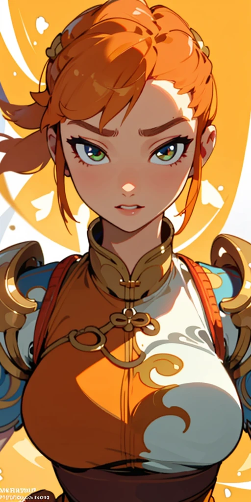 1 girl、one person、skinny body shape、orange clothes、orange hair、beautiful green eyes、intense joy on the face、white uniform with golden decorations、upper body close-up, style of Chun-li clothes