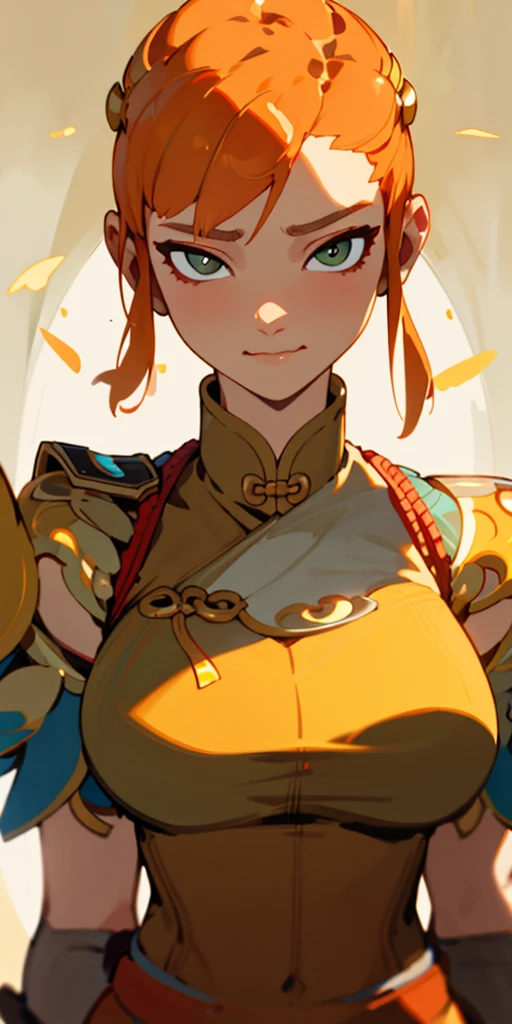 1 girl、one person、skinny body shape、orange clothes、orange hair、beautiful green eyes、intense joy on the face、white uniform with golden decorations、upper body close-up, style of Chun-li clothes