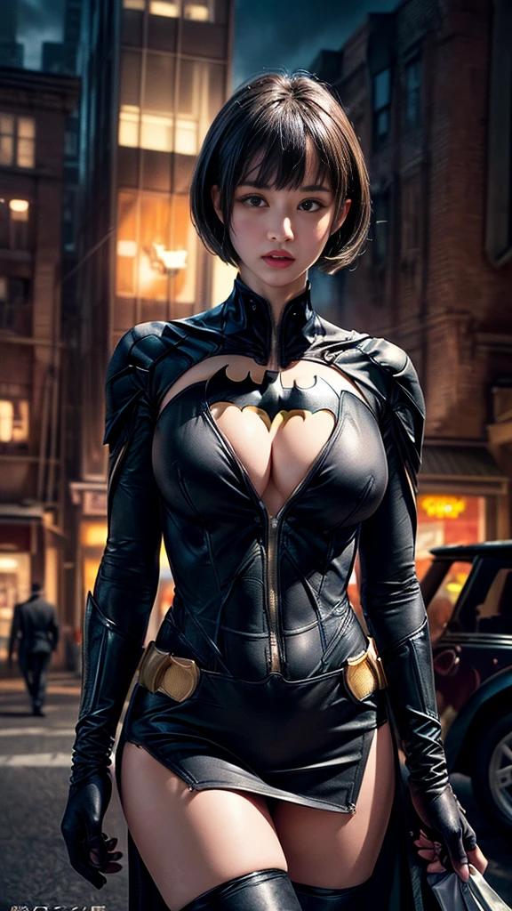 nsfw:1.1,((Ultra-detailed and intricately designed Batman suit))、((Black Mini Skirt))、((Cowboy Shot))、Mature Woman、(((Super big breasts)))、((Separate suits))、Ultra-delicate and intricately decorated thigh-high boots、Ultra-detailed Batman bikini、(((Ripped and tattered suit:1.1)))、(masterpiece, Highest quality), Intricate details, 8K, 1 Girl, Bowl Cut Hair,((blunt bangs))、 Black Hair,Skyscraper, city, building,street,Gotham city、((Delicate painting)),(Detailed RAW photos of girls), (Masterpiece:1.25), (Highest quality:1.6), (Ultra-high resolution:1.5), (Photorealistic:1.75), 8K resolution, Canon EOS R5, 50mm, Very detailed,Cinema Lighting、