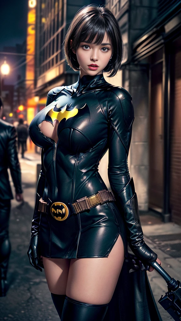 nsfw:1.1,((Ultra-detailed and intricately designed Batman suit))、((Black Mini Skirt))、((Cowboy Shot))、Mature Woman、(((Super big breasts)))、((Separate suits))、Ultra-delicate and intricately decorated thigh-high boots、Ultra-detailed Batman bikini、(((Ripped and tattered suit:1.1)))、(masterpiece, Highest quality), Intricate details, 8K, 1 Girl, Bowl Cut Hair,((blunt bangs))、 Black Hair,Skyscraper, city, building,street,Gotham city、((Delicate painting)),(Detailed RAW photos of girls), (Masterpiece:1.25), (Highest quality:1.6), (Ultra-high resolution:1.5), (Photorealistic:1.75), 8K resolution, Canon EOS R5, 50mm, Very detailed,Cinema Lighting、