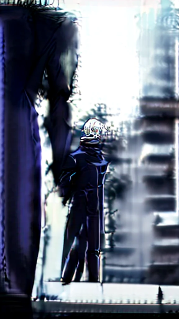 Silver-white hair, intense blue eyes, and wears a black Jujutsu uniform consisting of a high-collar jacket and pants. He is tall, slender, and carries a confident and imposing presence.
