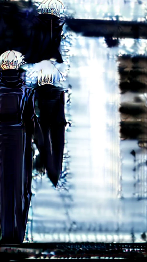 Silver-white hair, intense blue eyes, and wears a black Jujutsu uniform consisting of a high-collar jacket and pants. He is tall, slender, and carries a confident and imposing presence.