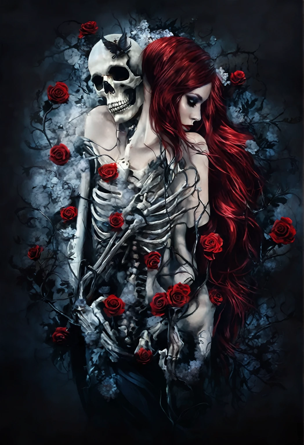 there is a woman with red hair and a skeleton , gothic art, gothic fantasy art, love and death, gothic romance, beautiful digital artwork, fantasy dark art, dark but detailed digital art, nude