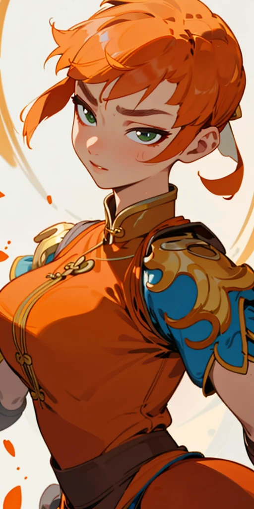 1 girl、one person、skinny body shape、orange clothes、orange hair、beautiful green eyes、intense joy on the face、white uniform with golden decorations、upper body close-up, style of Chun-li clothes