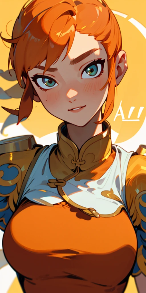 1 girl、one person、skinny body shape、orange clothes、orange hair、beautiful green eyes、intense joy on the face、white uniform with golden decorations、upper body close-up, style of Chun-li clothes