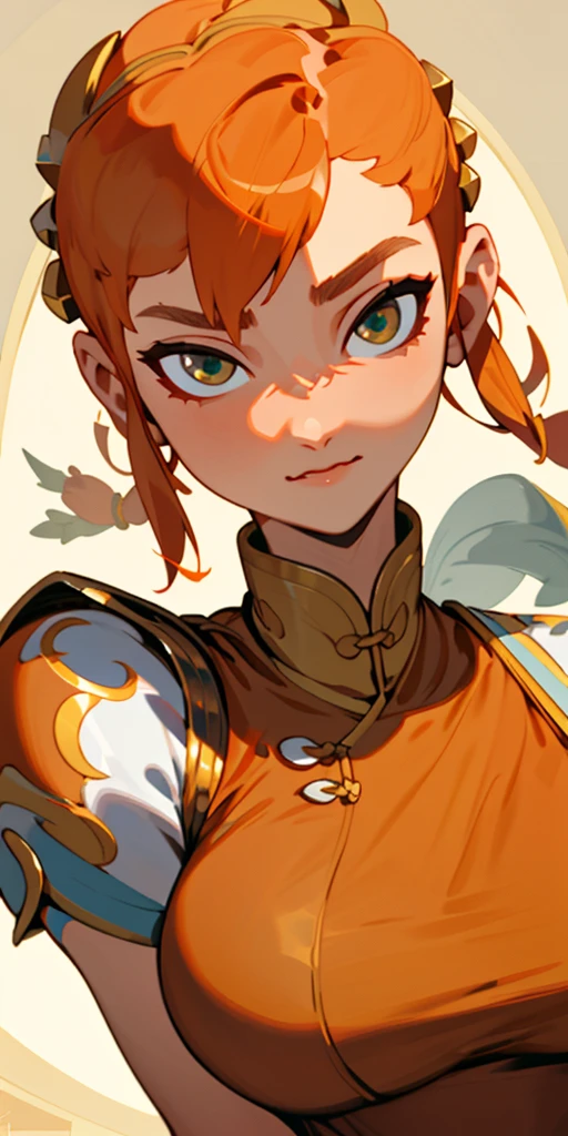 1 girl、one person、skinny body shape、orange clothes、orange hair、beautiful green eyes、intense joy on the face、white uniform with golden decorations、upper body close-up, style of Chun-li clothes