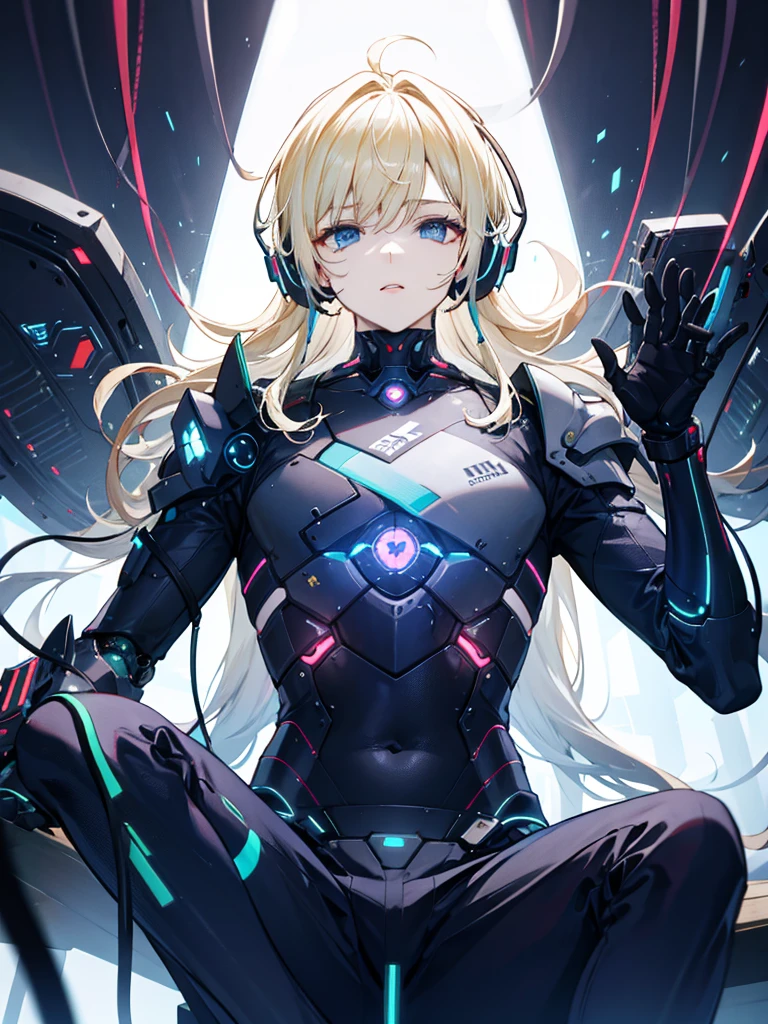 blue eyes and blonde straight hair and is a handsome age boy turned into a cyborg in a futuristic lab wearing a futuristic headset in cyborg crop top armor with mind control device, lying his back on top of a futuristic table with mindcontrol device connected to futuristic technology