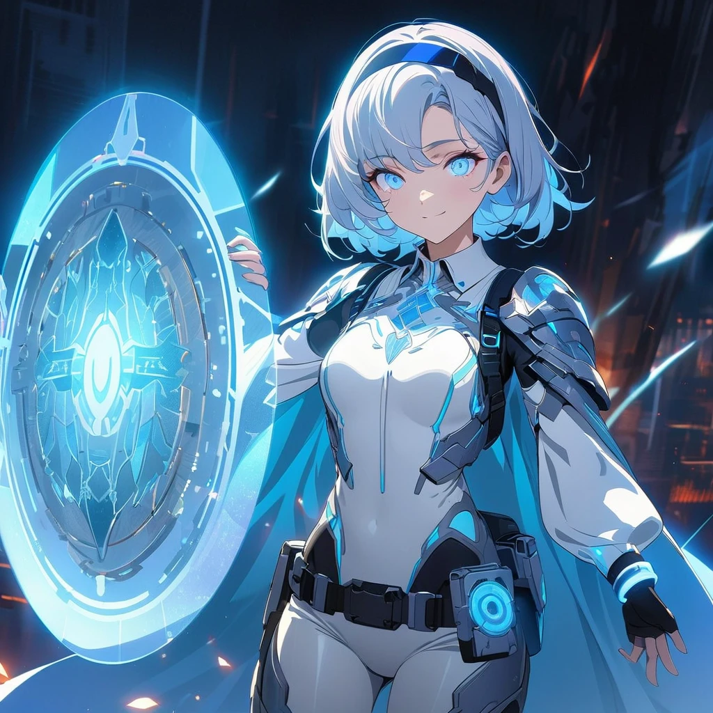 Create an image of a gentle girl with short, silvery-blue hair, (nude:0.8), wearing a fitted, high-collared, long-sleeve bodysuit with intricate, glowing blue patterns, a lightweight armored vest, and tapered combat pants with glowing seams. She has fingerless gloves with small screens, thin metallic bracelets, high armored boots with integrated lights, and a slim headband with a holographic visor. She also has a small streamlined backpack, a utility belt with pouches, and a short asymmetrical energy-infused cape. She has a kind expression, soft warm eyes, and a gentle smile, generating a large, translucent energy shield with intricate, glowing patterns. She stands in a strong yet relaxed pose, with one hand outstretched directing the shield and the other hand resting by her side, against a dark, dramatic background with hints of blue light and energy waves, detailed gorgeous face| anime style| key visual| intricate detail| highly detailed| breathtaking| vibrant| panoramic| cinematic| Carne Griffiths| Conrad Roset| gibbli 8