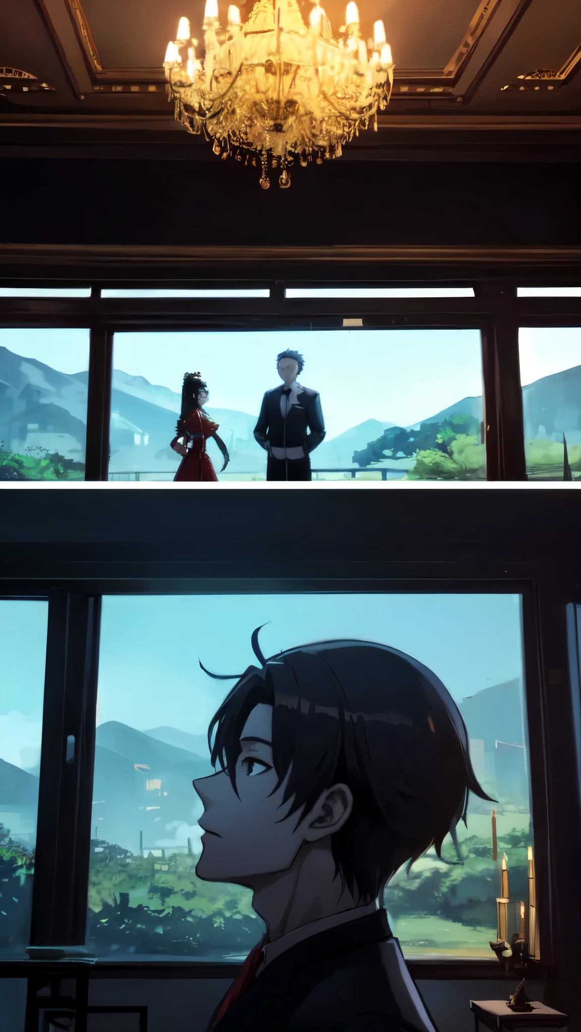Li Yuan, with memories of a past life, finds himself reincarnated as a villain in an eroge game. Determined to avoid his destined death, he targets MILFs to build his power. After winning the support of Rosalind, he continues to charm and conquer other influential MILFs, creating a strong network. The scene shows Li Yuan confidently interacting with Rosalind in an opulent room, adorned with vintage furniture, chandeliers, and large windows with views of flourishing lands. Warm tone, mid shot, detailed anime aesthetics, depth of field, light and shadow.