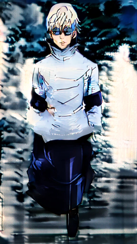 naughty man, cabelos offwhites, shining blue eyes, offwhite, very pretty, black jujutsu clothes, and round sunglasses