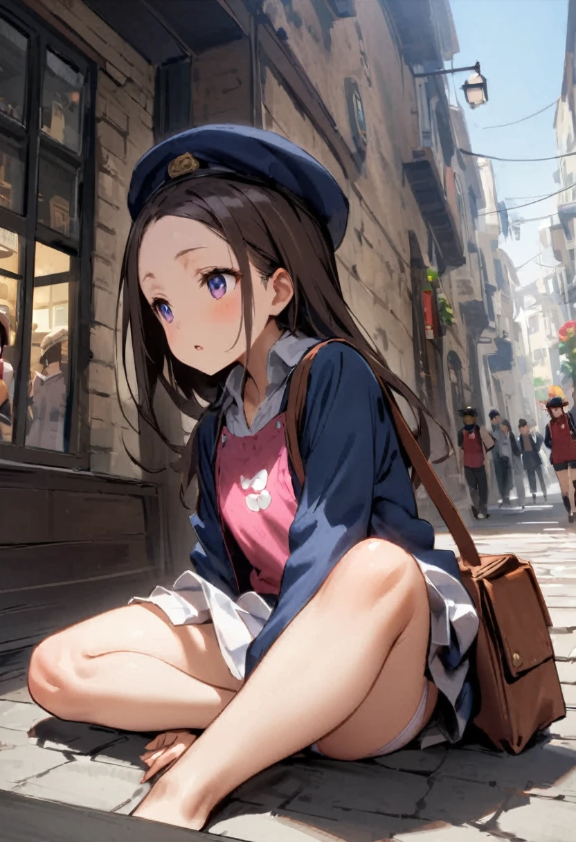 spread legs、M legs、sit、Looking away、Chat with friends、In town、bustling street、cap、Panties、Shoulder bag、mini skirt、forehead、Private Server、Girl、Girl、Short、Younger、Baby Face、flat chest、Dynamic Angle