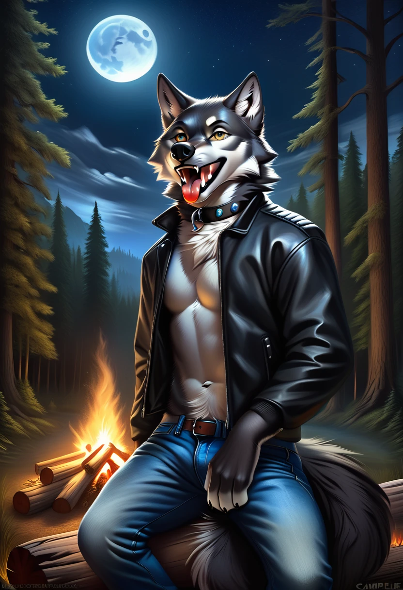 Sitting in front of campfire on log, Male, 30 years old, happy, mouth open with tongue hanging out, black leather jacket, anthro, wolf ears, (black fur:1.5), wolf, forest background, 8k, hi res, (best quality, masterpiece), (wolf tail:1.5), detailed fur, solo, looking at camera, night, leashing and collar, blue jeans, photo realistic 