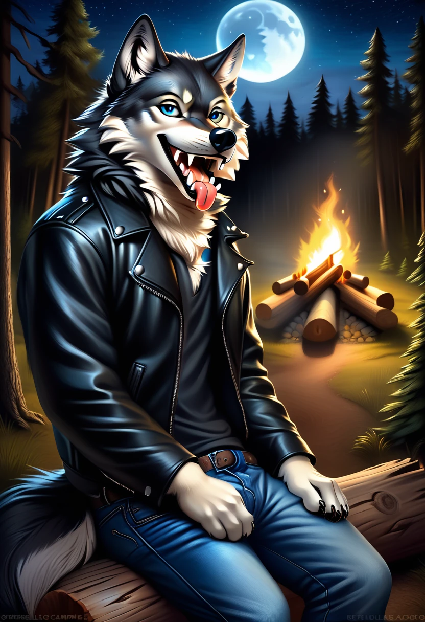 Sitting in front of campfire on log, Male, 30 years old, happy, mouth open with tongue hanging out, black leather jacket, anthro, wolf ears, (black fur:1.5), wolf, forest background, 8k, hi res, (best quality, masterpiece), (wolf tail:1.5), detailed fur, solo, looking at camera, night, leashing and collar, blue jeans, photo realistic