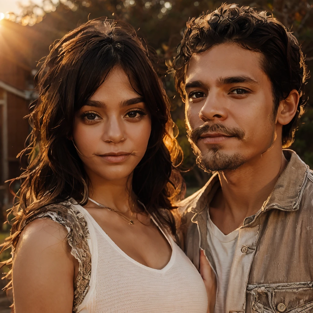 A couple, soft clothes, sunset background 