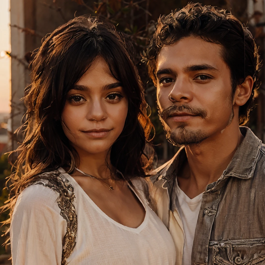 A couple, soft clothes, sunset background