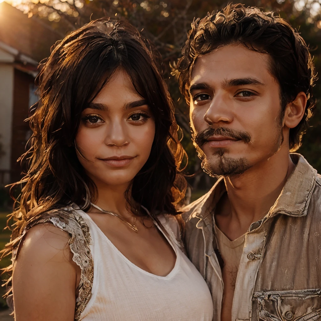 A couple, soft clothes, sunset background