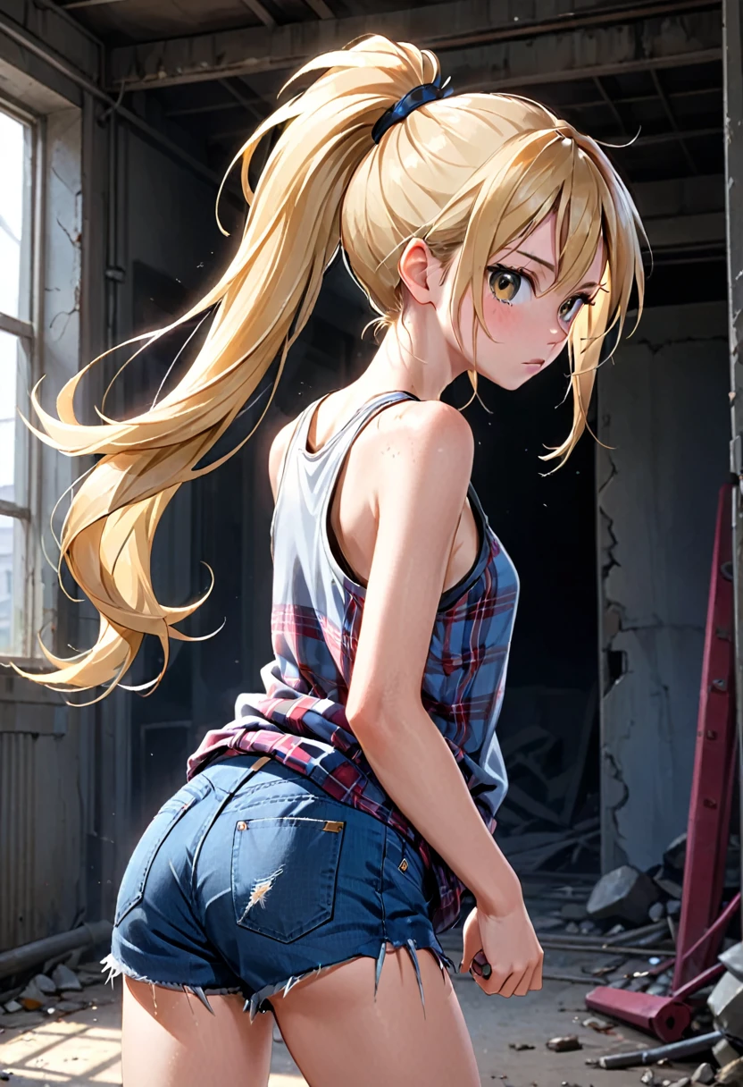 Absurd, Super detailedな,(In 8K:1.3),Masseter muscle area,(masterpiece:1.2)、(Highest quality)、4K、Super detailed、(Movement Structure:1.4)、(Shining Lights、Atmosphere lighting), High resolution, Best Quality、(One girl:1.4),Super detailedな,Bright colors、Treebreak Production Art、(Warm color light source:1.2),High-level image quality、Fine image quality、Intricate details,Volumetric Lighting,Realism BREAK、Profile、 Idol face、15 years old、Very beautiful face and eyes, Beautiful images、natural make up、big eyes、 (Big Tits:1.5)、(glossy skin :1.5)、(blonde hair,blunt bangs、straight hair:1.2),(Be embarrassed:1.4), Dark navy eye color (Skinny low rise jeans with a clear texture:1.3),(A black tank top with a crisp texture:1.5) 、 (looking back:1.5)、 (graffiti:1.5)、(nice butt:1.2),Swayback stance