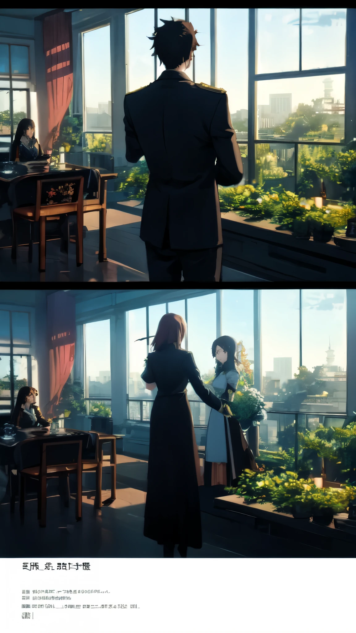 Li Yuan, determined not to meet his destined death, refuses to let Vivian and Rosalind fall into the hero Ian's hands. The scene shows Li Yuan seated confidently, aware of the upcoming engagement plan, while Vivian, looking uneasy, takes her seat. Rosalind gazes seriously at her daughter, understanding the significance of the day. The opulent room is adorned with vintage furniture, grand chandeliers, and large windows offering views of flourishing gardens outside. Warm tone, mid shot, detailed anime aesthetics, depth of field, light and shadow.