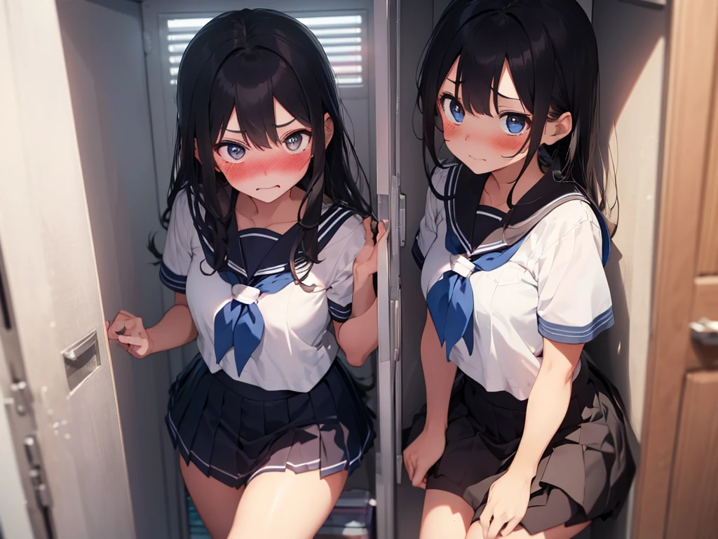 2 girls, shoved inside a locker, ((sailor uniform, short sleeve, tight clothing, miniskirt)), (blushing:1.5), (blushing, worried, teary eyes), perfect body, perfect face, perfecte eyes, beautiful eyes, detailed eyes, image taken from inside