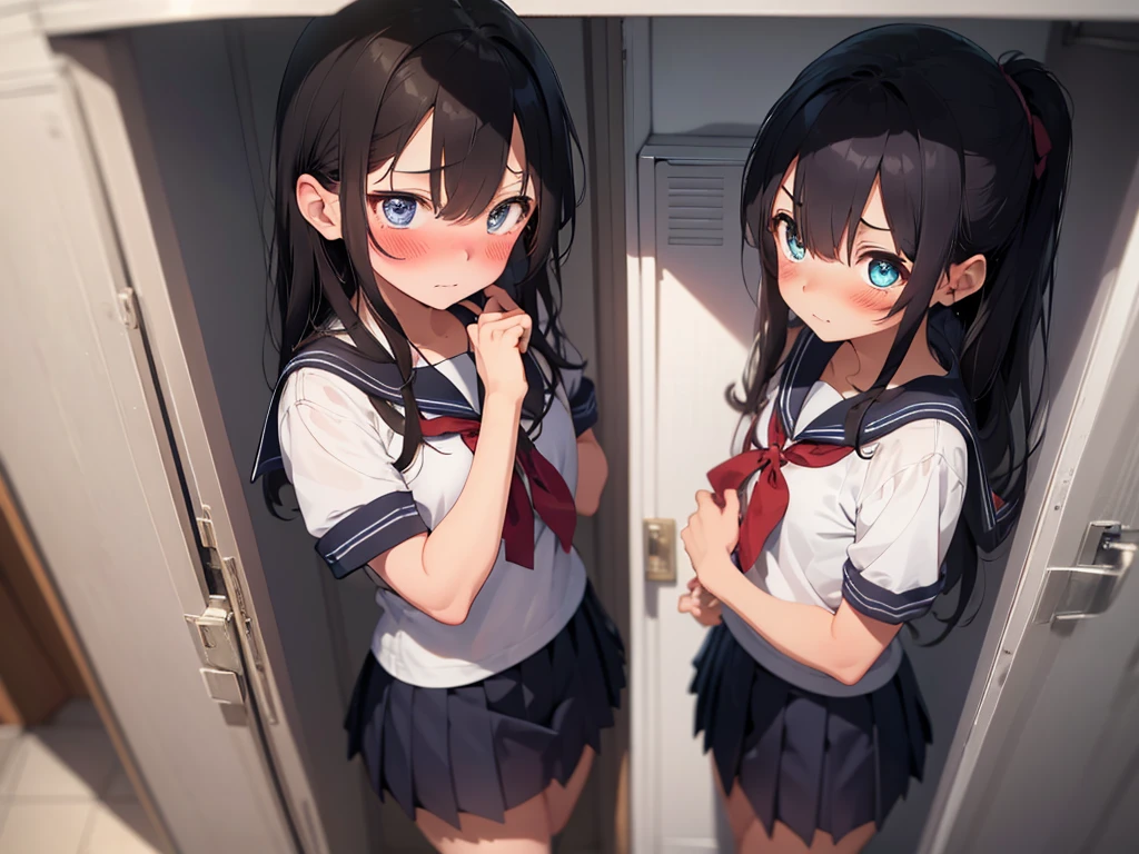 2 girls, shoved inside a locker, ((sailor uniform, short sleeve, tight clothing, miniskirt)), (blushing:1.5), (blushing, worried, teary eyes), perfect body, perfect face, perfecte eyes, beautiful eyes, detailed eyes, image taken from inside