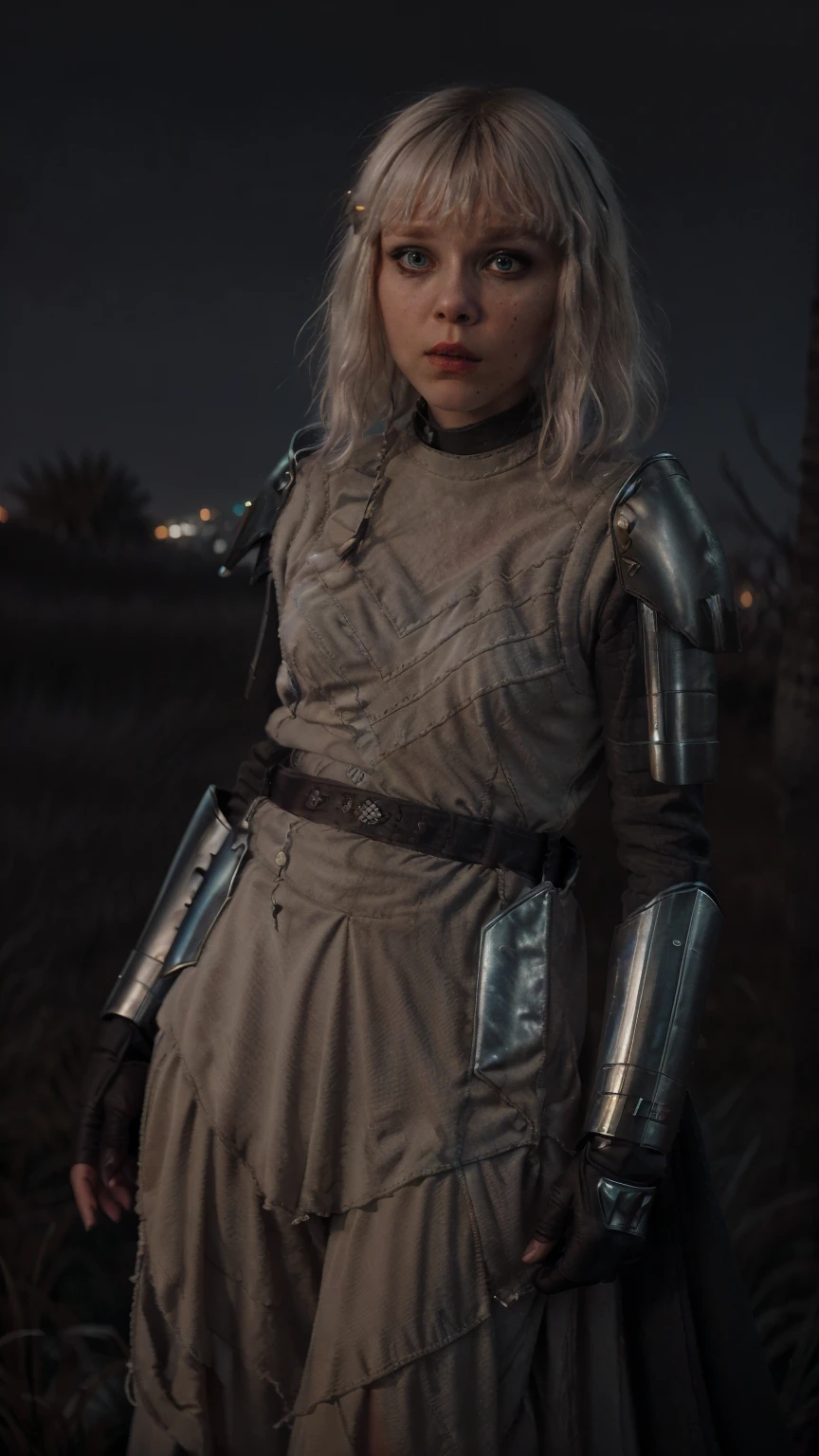 masterpiece, Best quality, (epiCRealLIfe), (photorealistic1.4), (young woman), (m1ll13bb), (European Model), (ShinHati costume) (flash photography), (flashphoto), (cowboy shots), (star wars Theme), (white hair with bangs),   (at night), (night view), (spotlight), (from front), (outdoor)