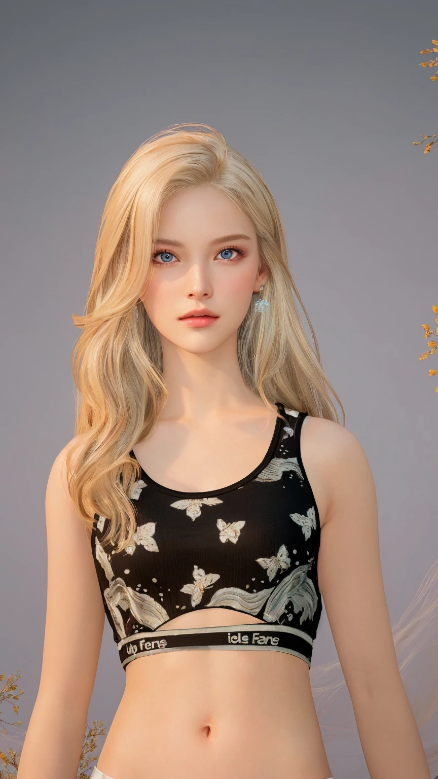 very beautiful girl with long blonde hair and a black top, hyperrealistic teen, long glowing ethereal hair, Professional Lighting, [ 4 k photorealism ]!!, [ 4 k photorealism ]!!!, highly detailed , Beautiful Skin , detailed realistic face, masterpiece , high quality render, 8K HD. 