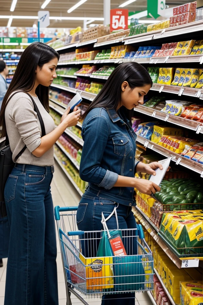 A group of consumers in a supermarket analyzing product labels.