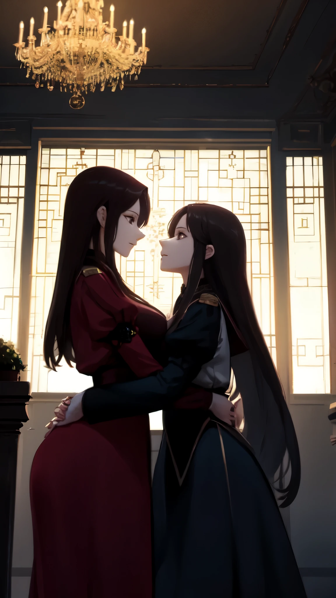 Rosalind, shocked by her own thoughts, realizes she doesn't mind Li Yuan's advances. She makes a difficult decision, allowing Li Yuan to choose his own path. Li Yuan, delighted, hugs Rosalind and kisses her cheek affectionately, his hand subtly teasing her under her clothes. Rosalind, despite her initial hesitation, finds herself enjoying the forbidden affection. The scene shows Rosalind's internal struggle and eventual acceptance, while Vivian looks on in surprise. The opulent room is adorned with vintage furniture, grand chandeliers, and large windows revealing flourishing gardens outside. Warm tone, mid shot, detailed anime aesthetics, depth of field, light and shadow.