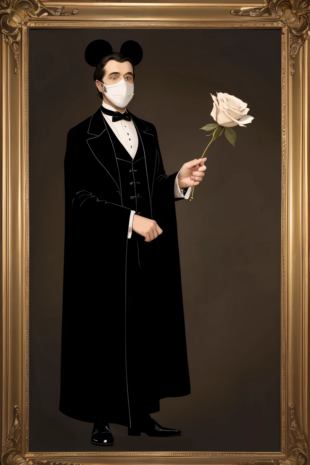 a Victorian-era French dentist wearing black robes and holding a rose, who wears a white party mask with black lines circling his eyes ((Tom and Jerry cartoon style))