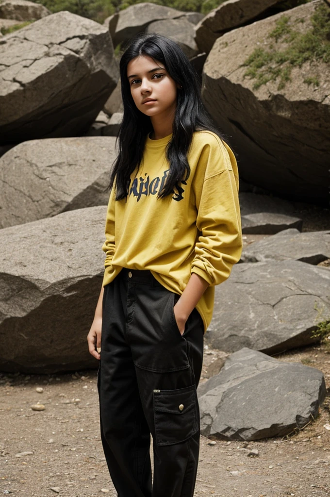 19 yr old girl with black hair and yellow colored eyes, singer in a casual baggy rock outfit 