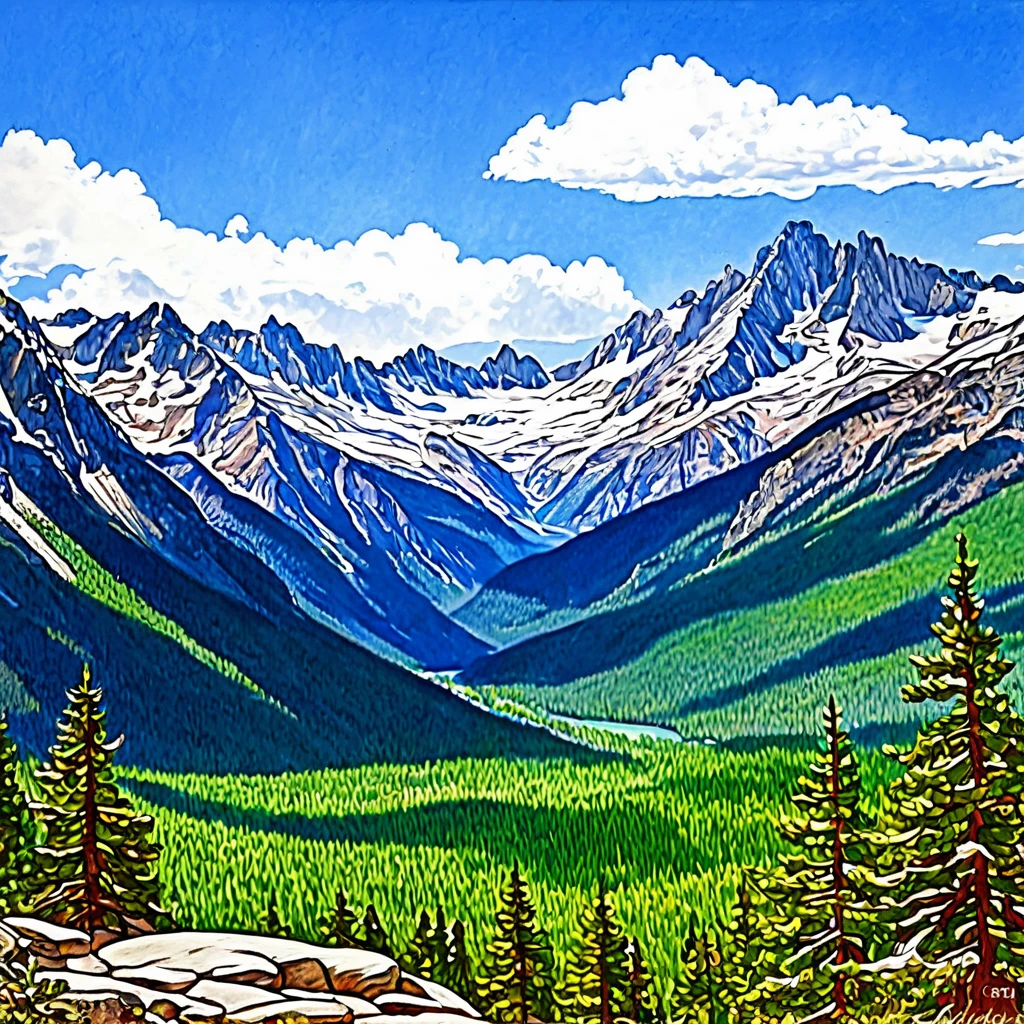 Snow-white Rocky Mountains, blue skies, faraway and majestic views, rough sketch style, coloring in colored pencil, top quality images.