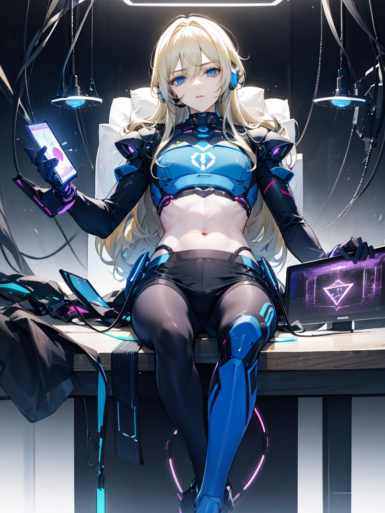 blue eyes and blonde straight hair and is a handsome age boy turned into a cyborg in a futuristic lab wearing a futuristic headset in cyborg crop top armor with mind control device, lying his back on top of a futuristic table with mindcontrol device connected to futuristic technology
