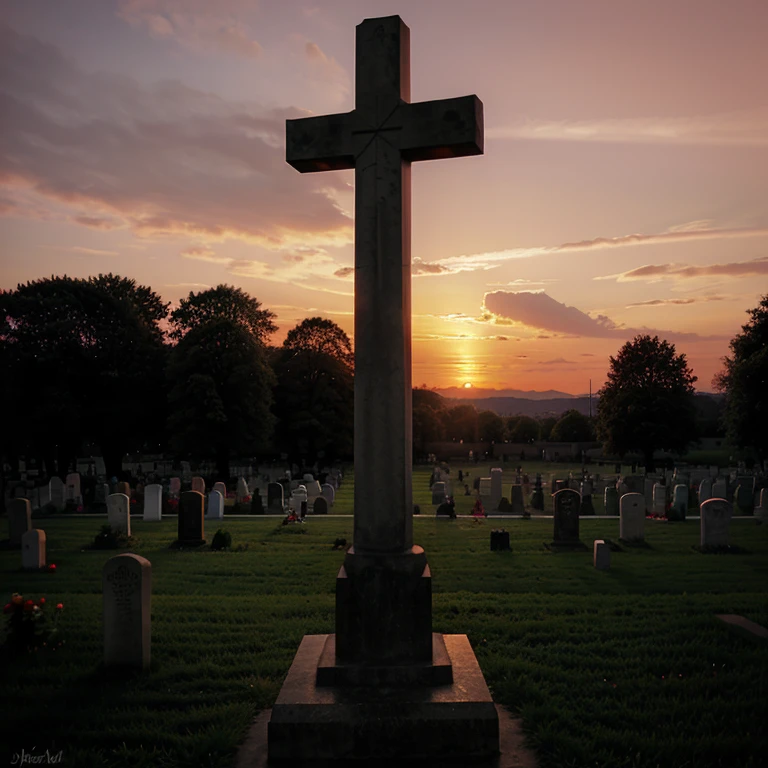 cemetery co. a large cross in the red sunset 