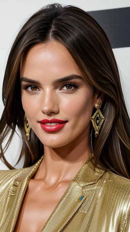 Alessandra Ambrosio dressed in Gucci clothing with painted lips and a sexy smile.