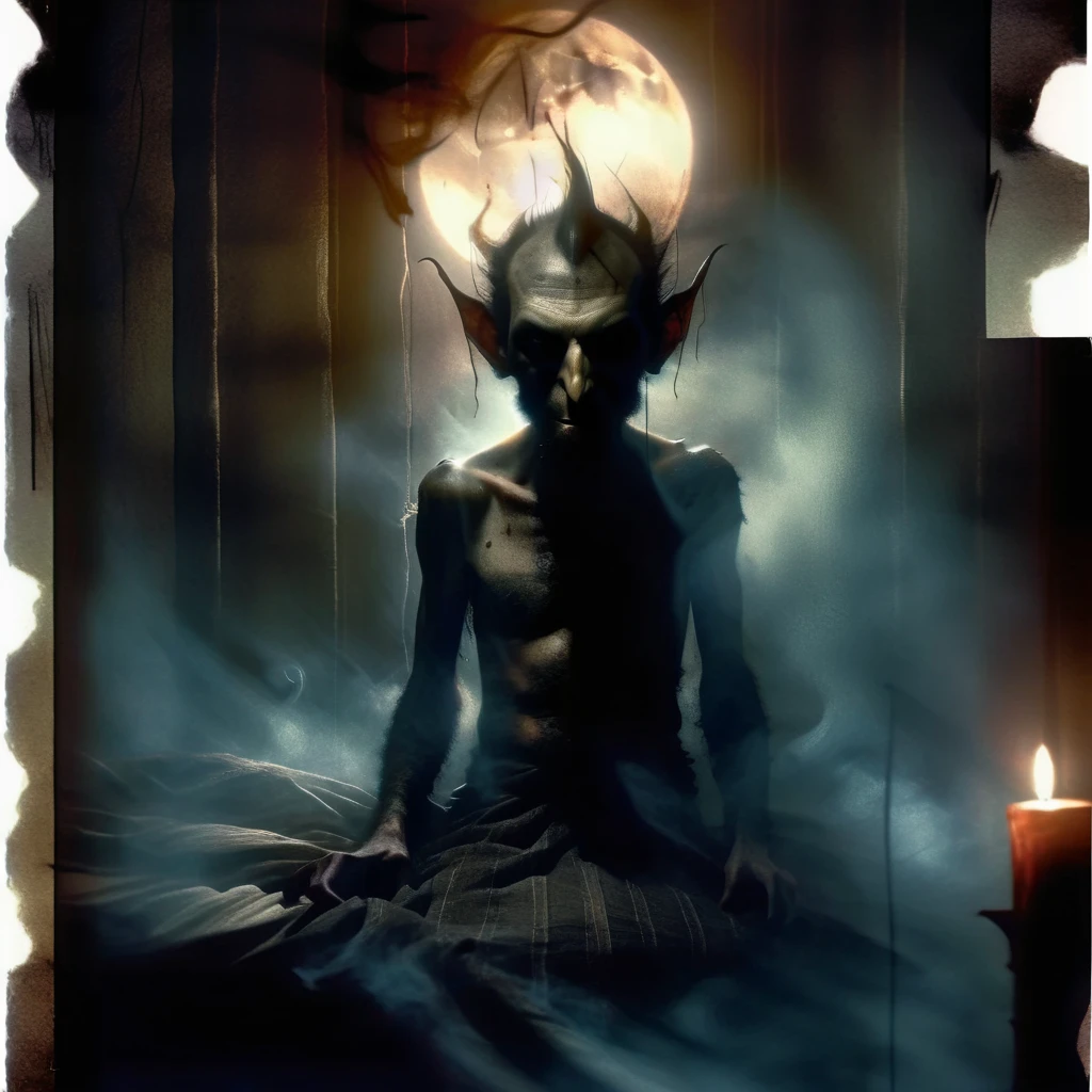 Dave McKean Style - The CORINTHIAN Daemon character,,Dramatic dynamic portrait Dave McKean Art Style,,eerie atmosphere,, Grimdark gritty texture,, subtle hints of gore in mouth corner, teeth in orbital sockets,,holding wispy flamed black candle , with smoke plumbing. Grotesquely oninous he stands over the edge of a bed, silloet of a man in it.