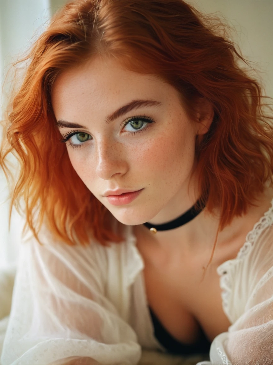 (Photography with soft lighting by Mimoza Veliu and Mario Giacomelli:1.2), portraite, upper cos, close up, fluffy woman, comely, 20 years old, greeneyes, (bold black eyeliner, make up:1.3), freckles, soft smiling, shoulder length red hair to the side, ear, see through loose blouse, neckleace, Kneeling, livingroom, Knee socks,  cos, comely legs, realistic soft skin, gazing at viewer