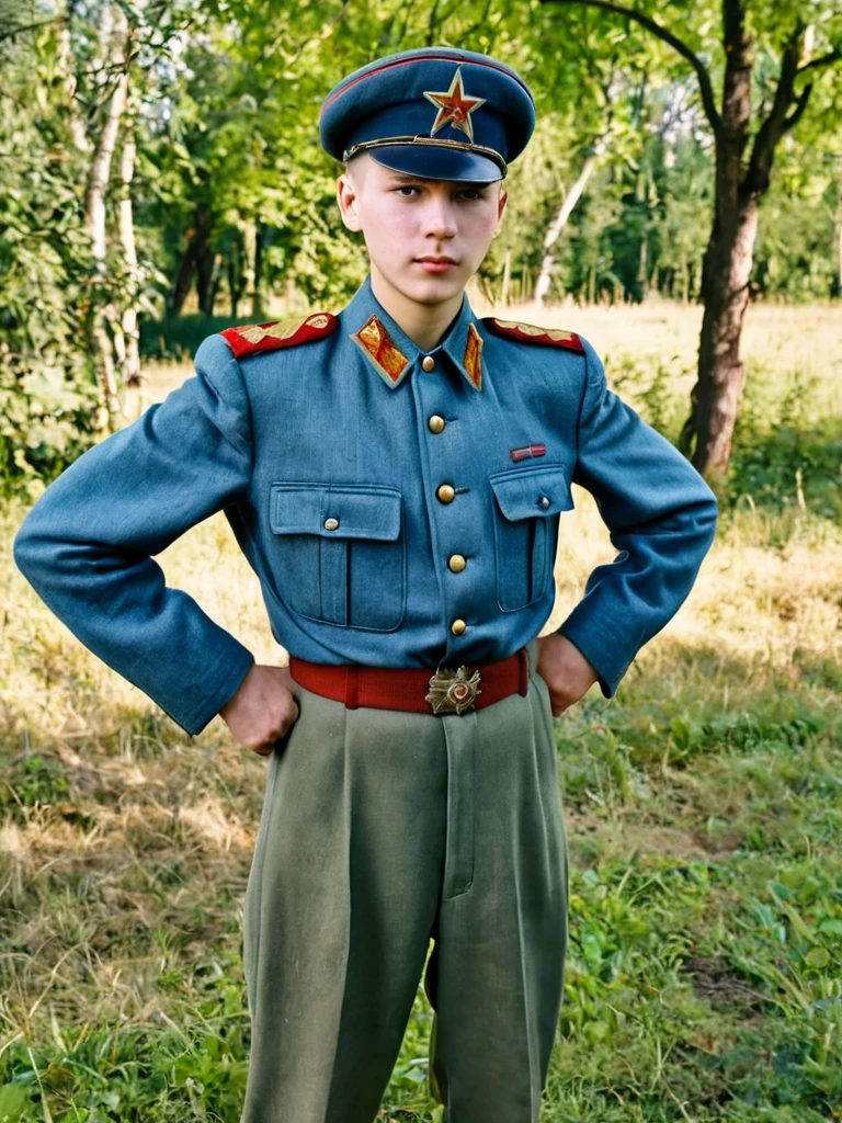 Year 1939, Young man -18 years , World War II พ.Prof. 2486, NKVD uniforms, soviet officer, ชุด USSR Red Army, M38 set, Gimnasterka shirt, Blue NKVD officer&#39;s hat, Wearing light green M35 Harovari pants., Military boots, Eastern Slavic face(Soviet Union), Soviet Union, World War II, ww2 old pictures, ww2 military camp