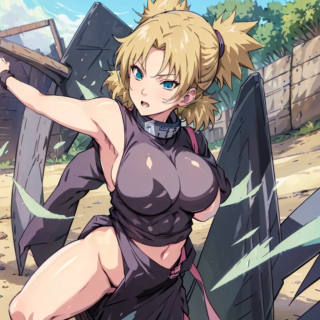 Sexy adult woman,Temari,standing still,huge breast,in her new sexy ninja cyberpunk, outfit,show lot her body and open chest,hentai,snfw,thick body,age30,2 piggy tales